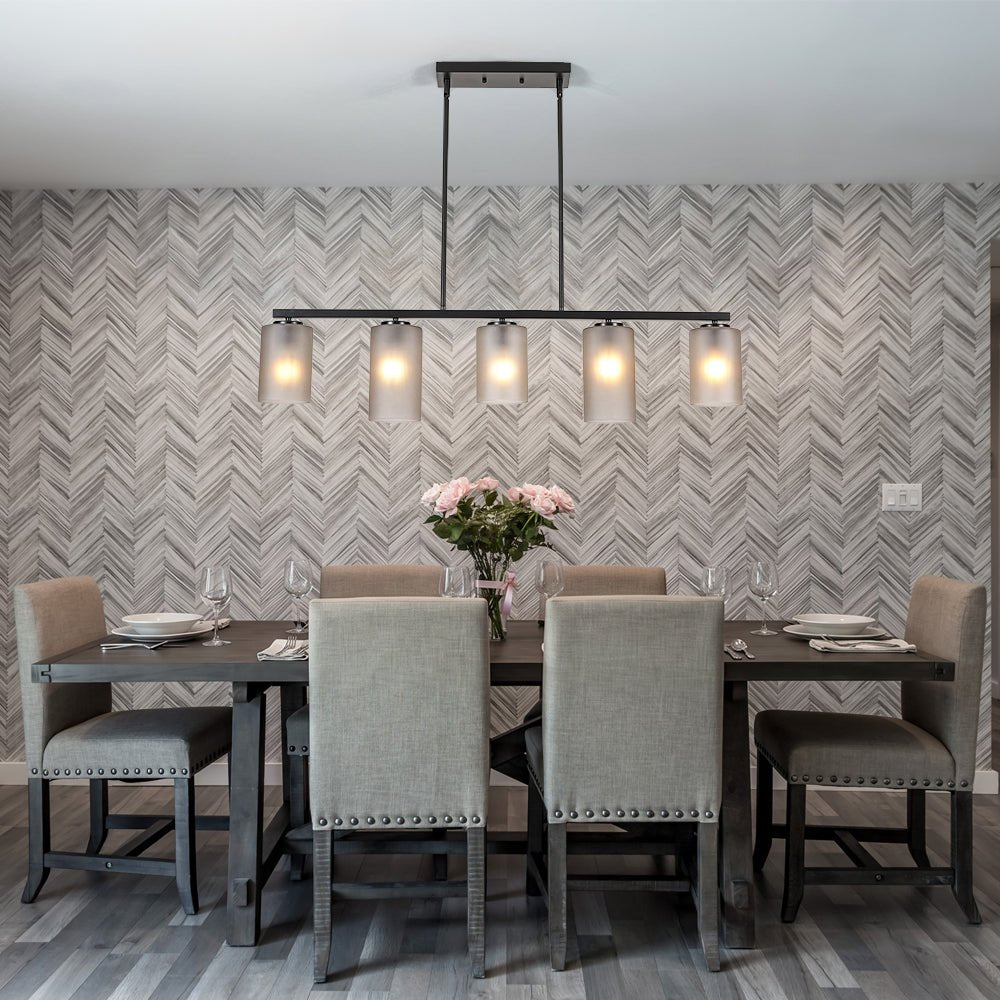 5-Light Gray Ribbed Glass Cylinder Shade Linear Island Chandelier