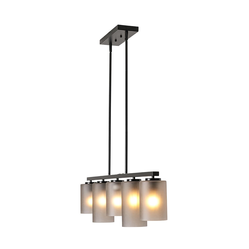 5-Light Gray Ribbed Glass Cylinder Shade Linear Island Chandelier