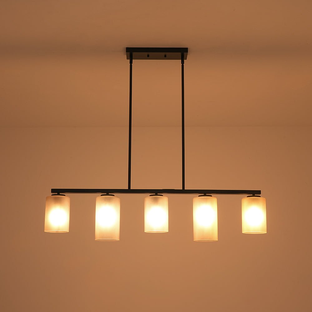 5-Light Gray Ribbed Glass Cylinder Shade Linear Island Chandelier