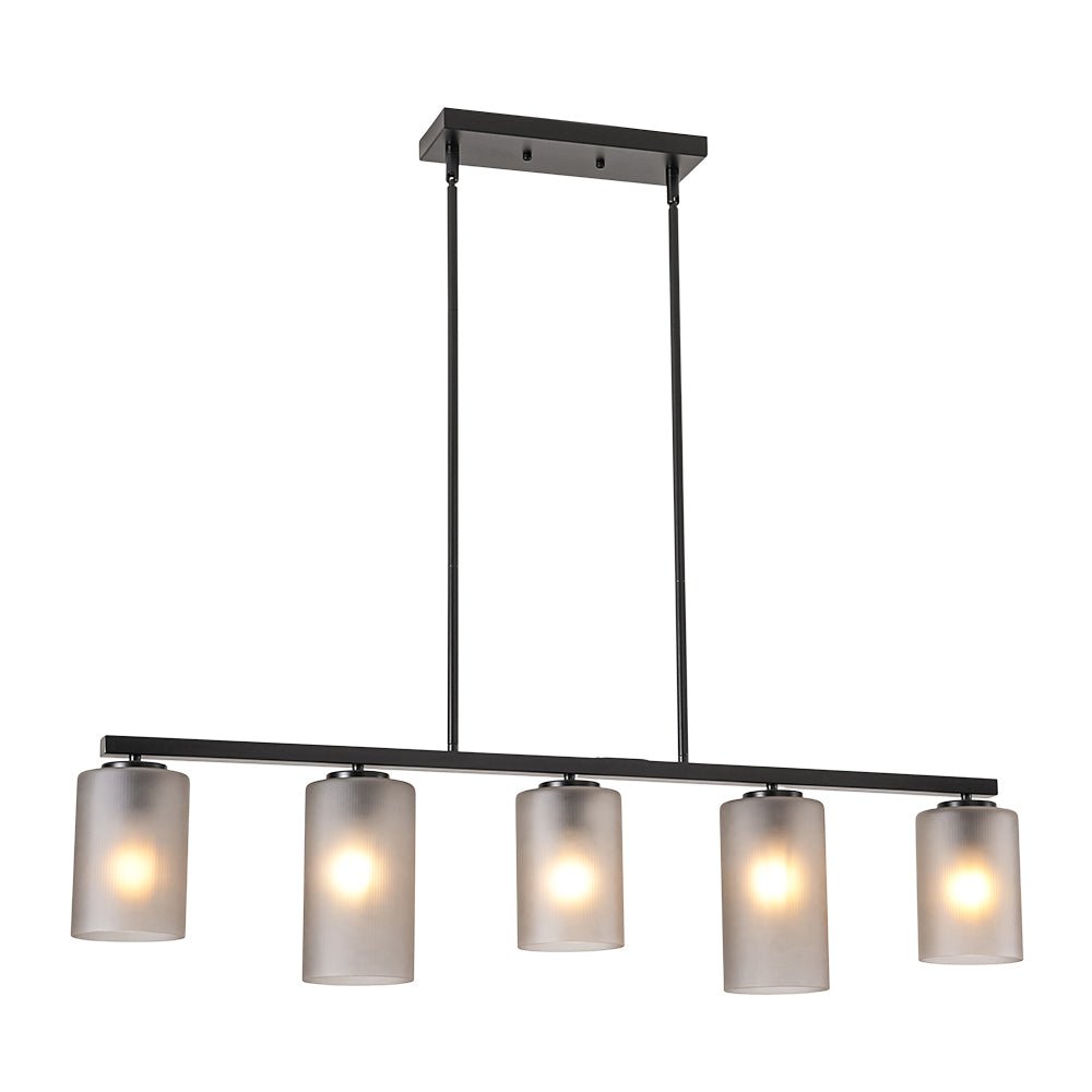 5-Light Gray Ribbed Glass Cylinder Shade Linear Island Chandelier