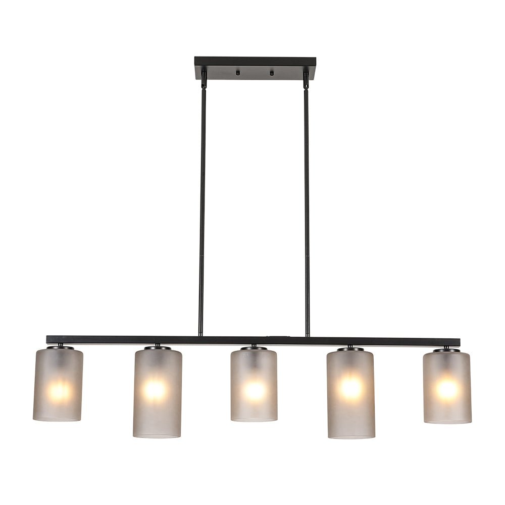 5-Light Gray Ribbed Glass Cylinder Shade Linear Island Chandelier