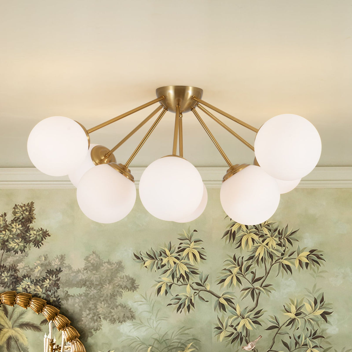 8-Light Opal Glass Bubble Sputnik Semi Flush Chandelier