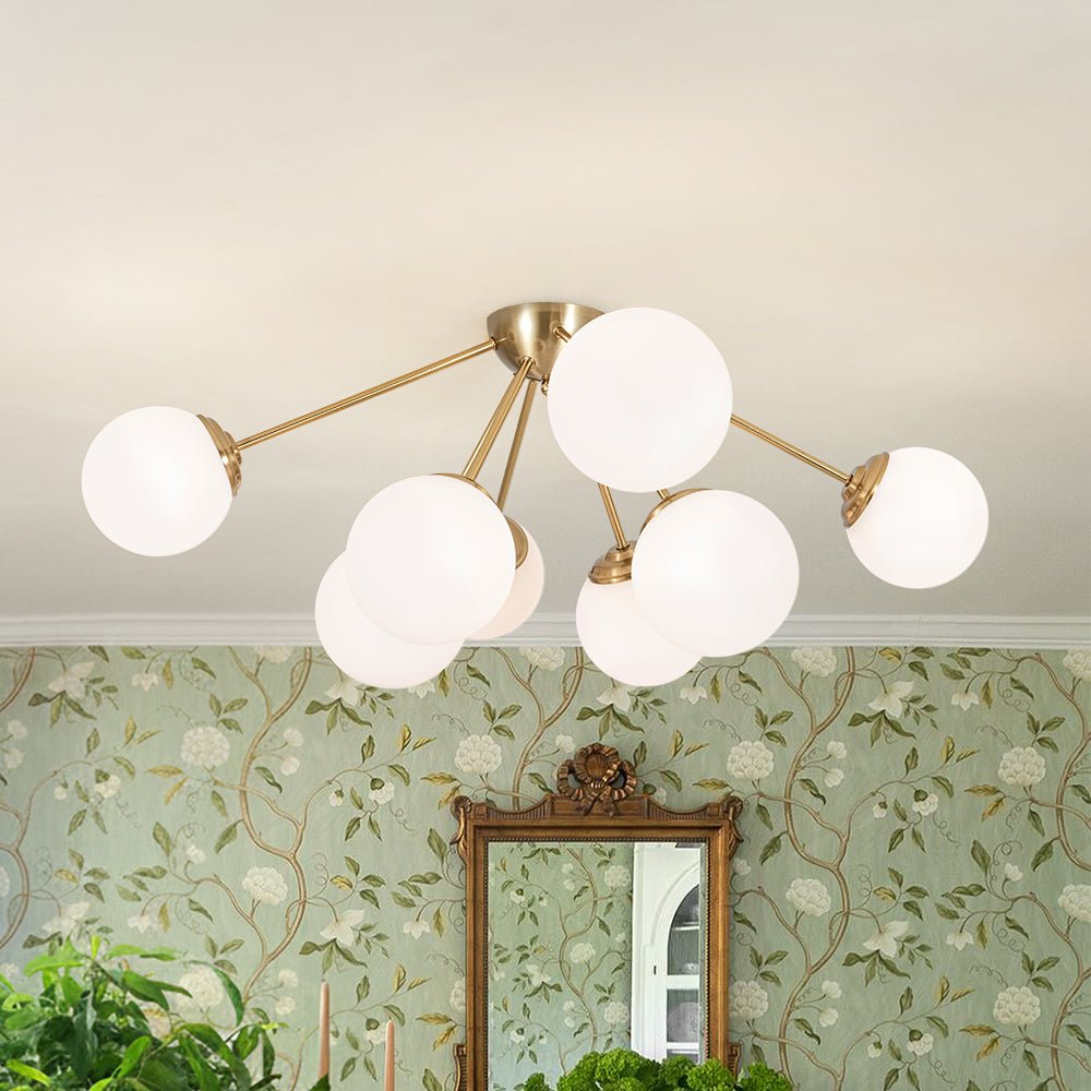 8-Light Opal Glass Bubble Sputnik Semi Flush Chandelier