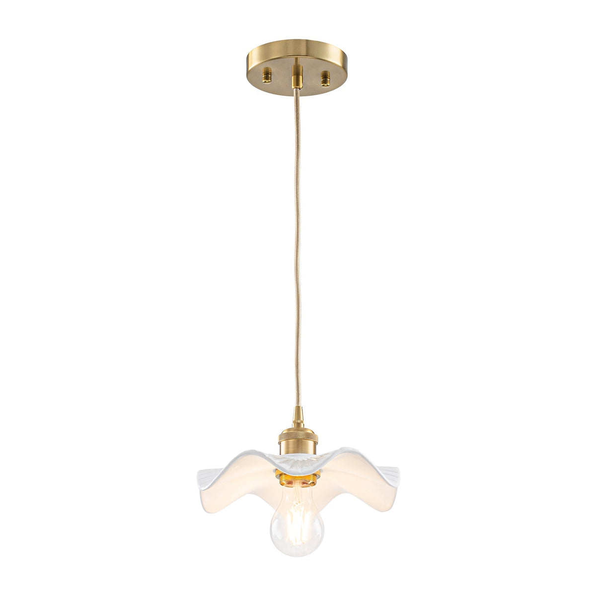 Art Deco 1-Light White Scalloped Ceramic Bloom Pendant