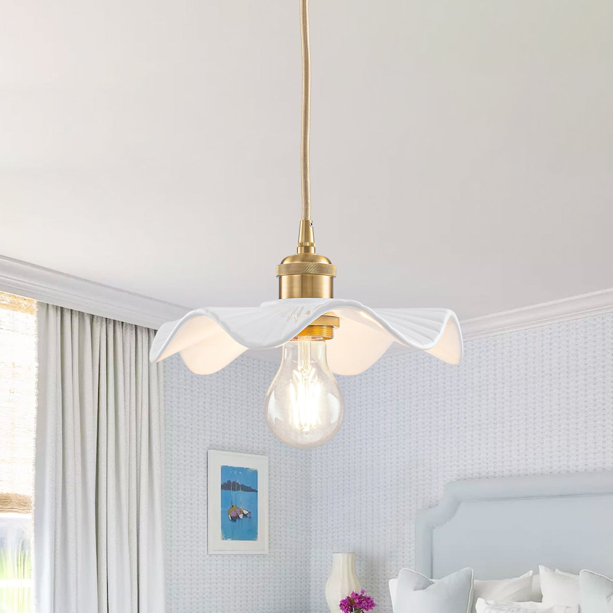Art Deco 1-Light White Scalloped Ceramic Bloom Pendant