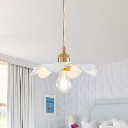 Art Deco 1-Light White Scalloped Ceramic Bloom Pendant