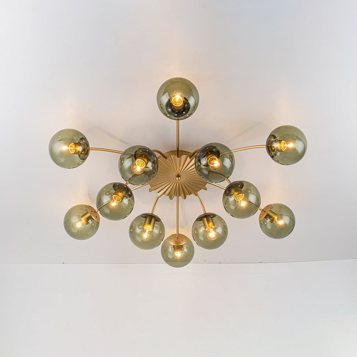 Art Deco Bloom Olive Green Glass Bubble Semi Flush Chandelier