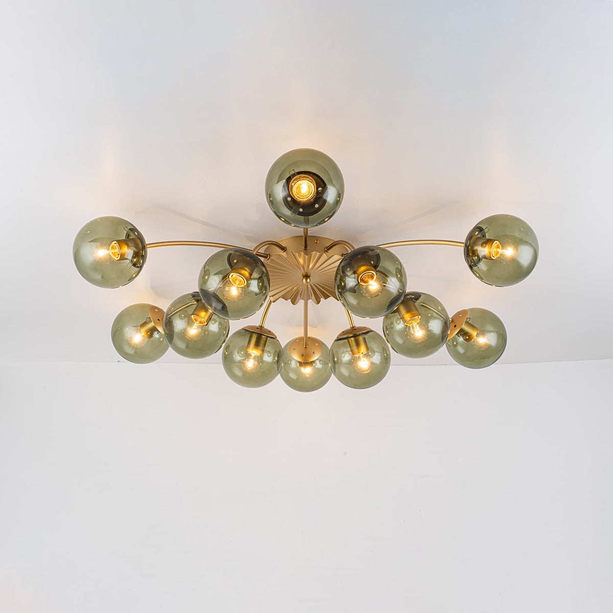 Art Deco Bloom Olive Green Glass Bubble Semi Flush Chandelier