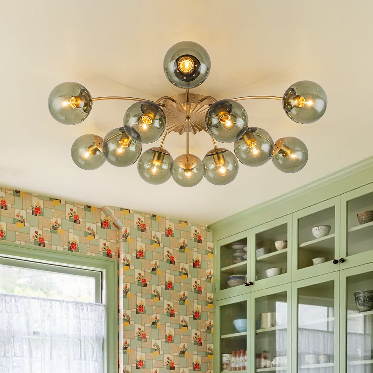 Art Deco Bloom Olive Green Glass Bubble Semi Flush Chandelier