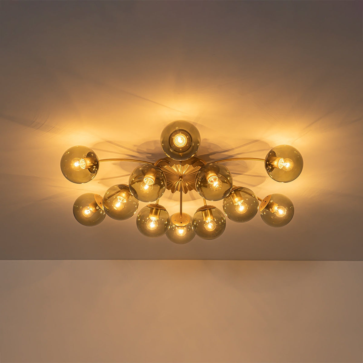 Art Deco Bloom Olive Green Glass Bubble Semi Flush Chandelier