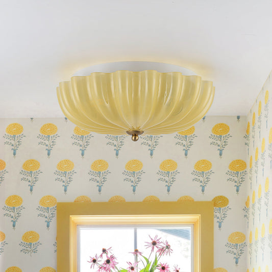 Art Deco Canary Yellow Glass Pleated Flower Semi Flush Mount