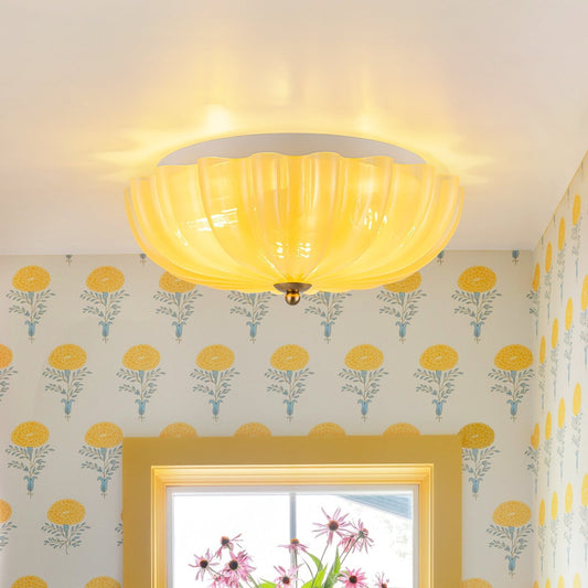 Art Deco Canary Yellow Glass Pleated Flower Semi Flush Mount