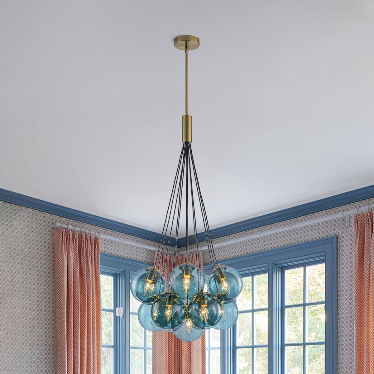 Art Deco Cluster Blue Tinted Glass Globe Bubble Chandelier