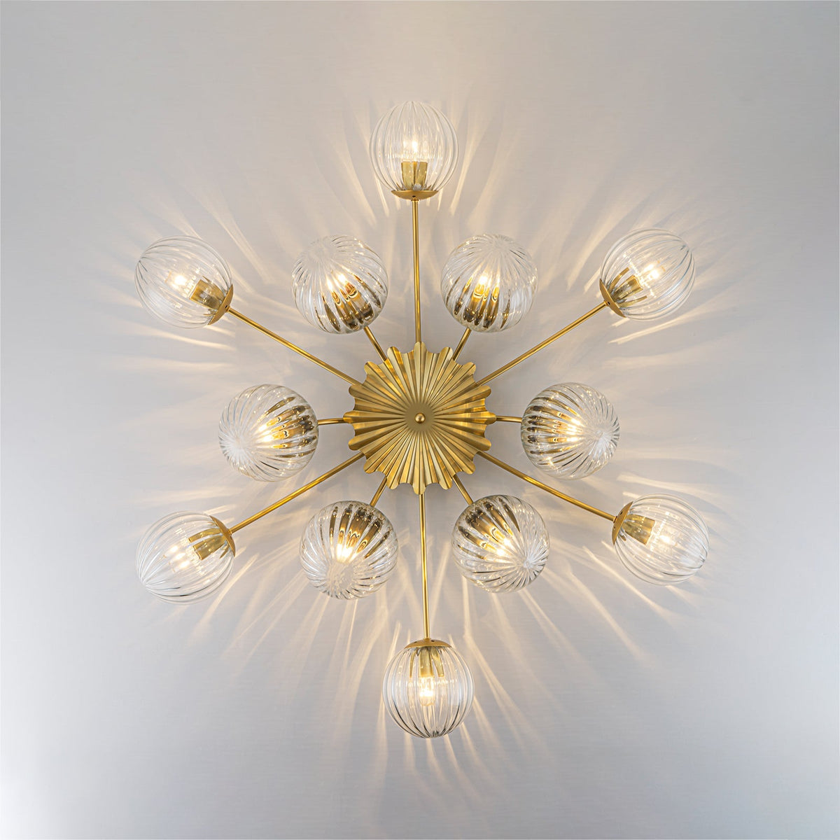 Bloom Brass 12-Light Ribbed Glass Bubble Semi Flush Chandelier