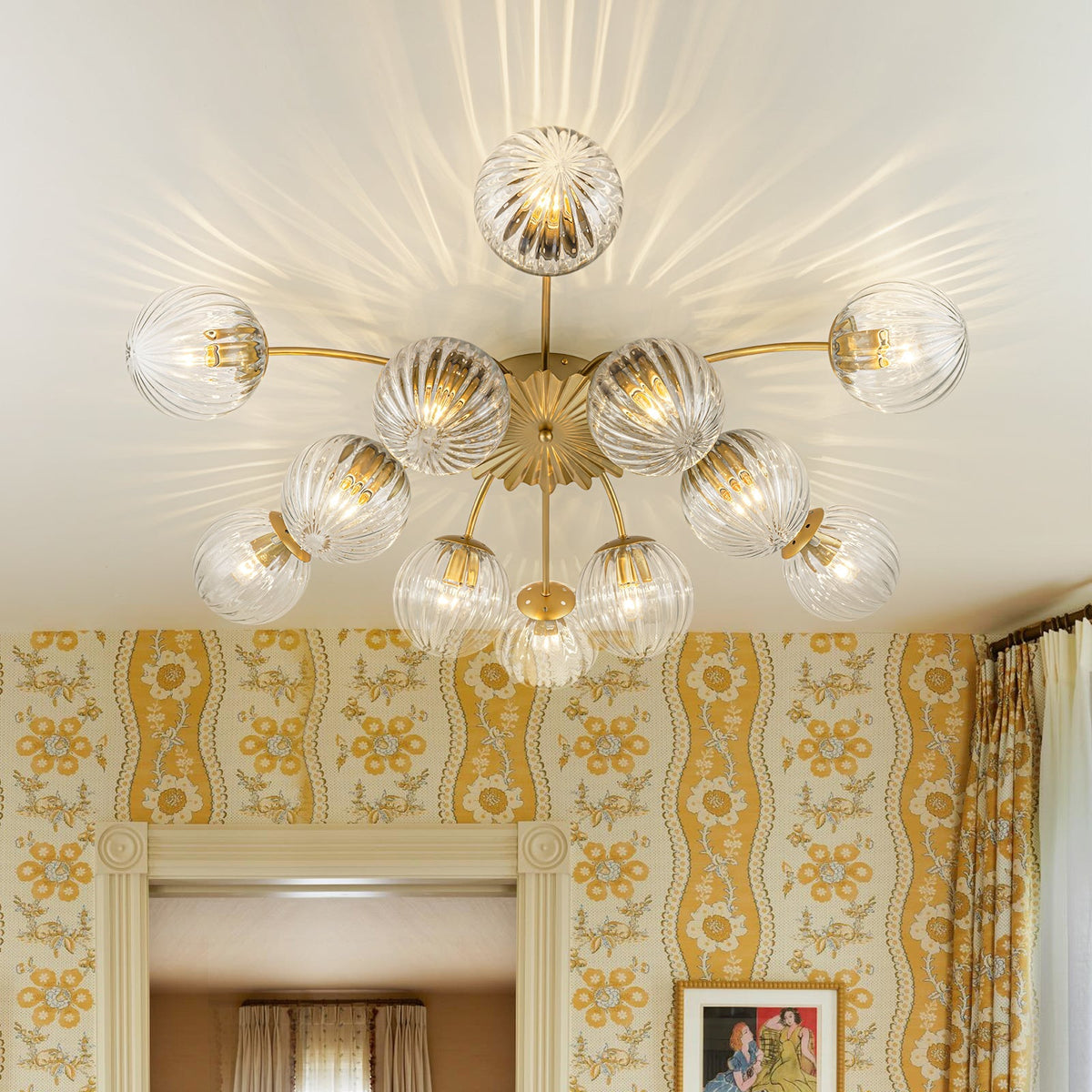 Bloom Brass 12-Light Ribbed Glass Bubble Semi Flush Chandelier