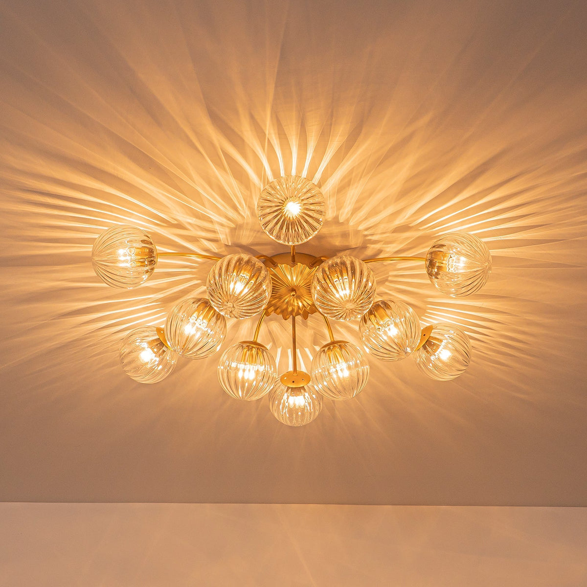Bloom Brass 12-Light Ribbed Glass Bubble Semi Flush Chandelier
