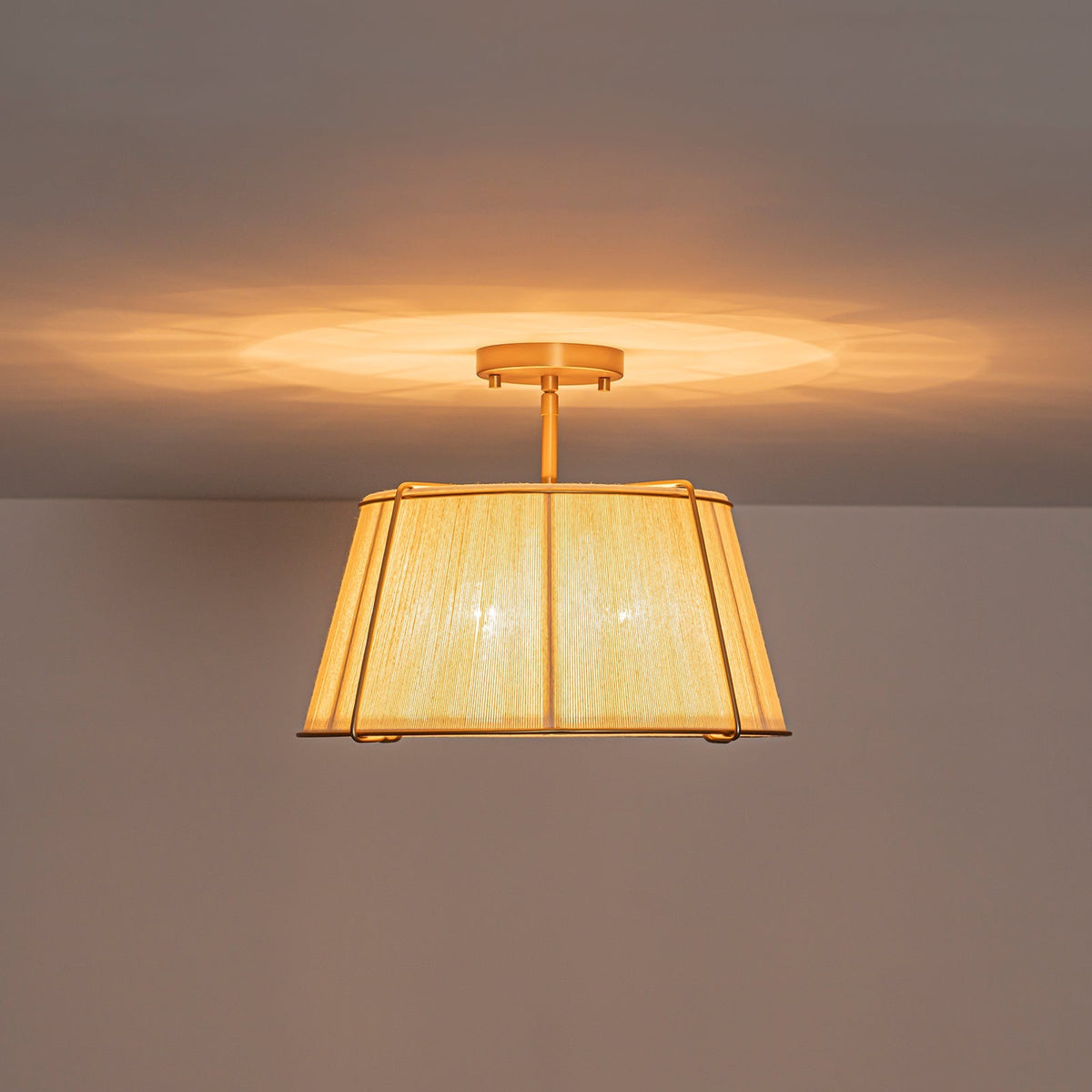 Boho Beige Woven Thread Drum Cage Brass Semi Flush Mount