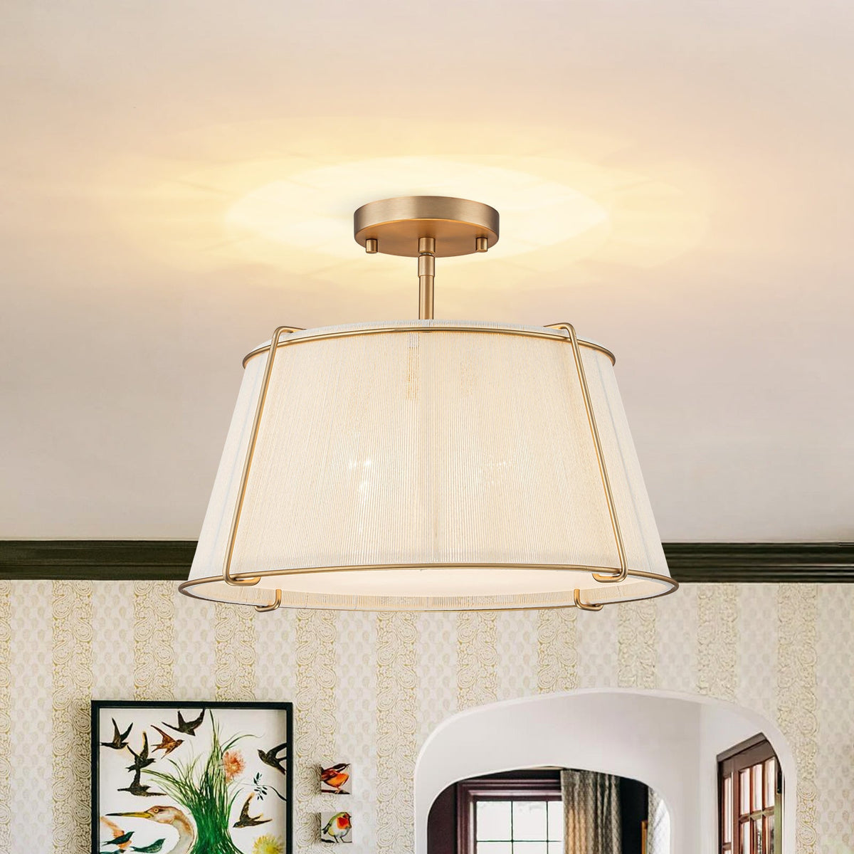 Boho Beige Woven Thread Drum Cage Brass Semi Flush Mount