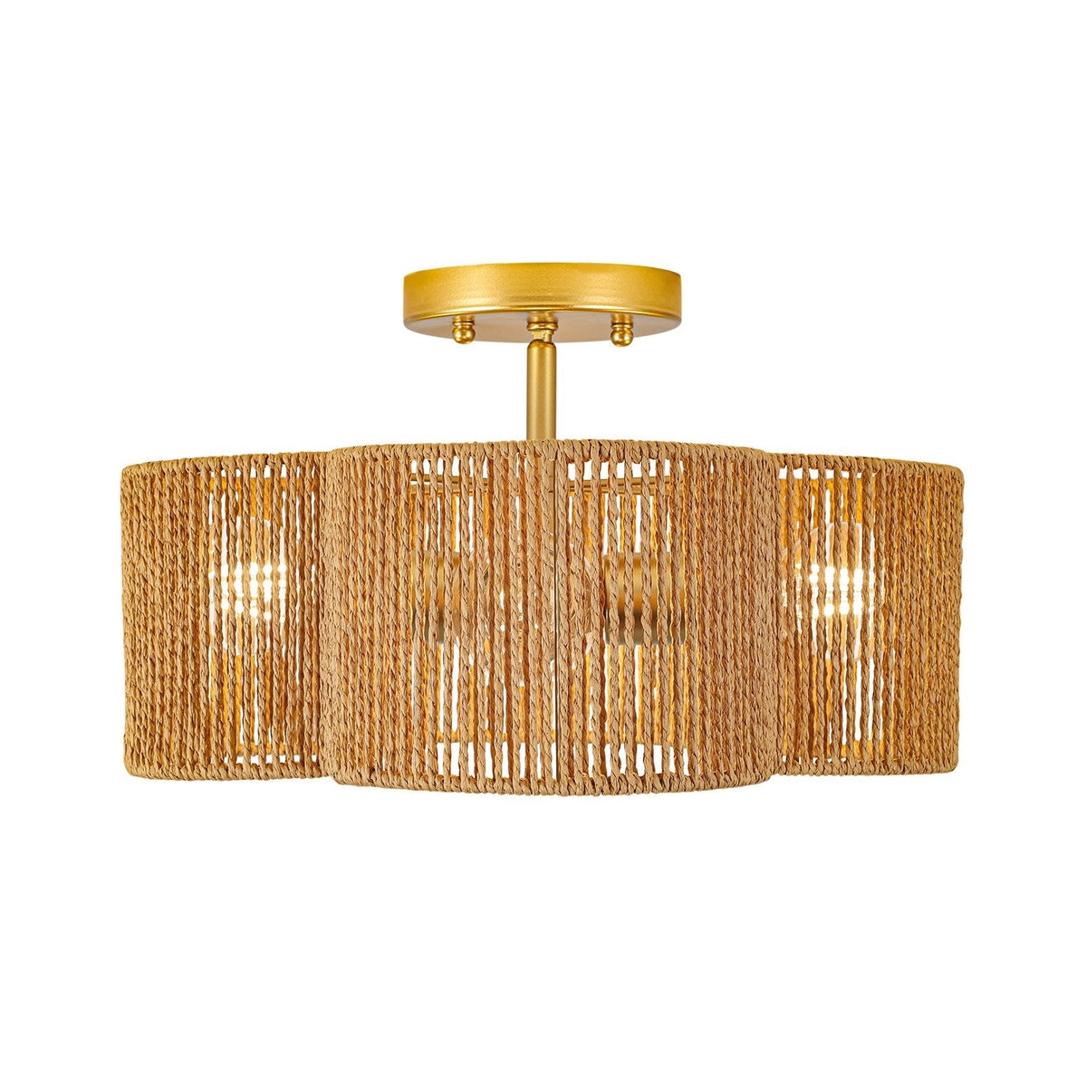Boho Brown Woven Rope Quatrefoil Cage Semi Flush Mount