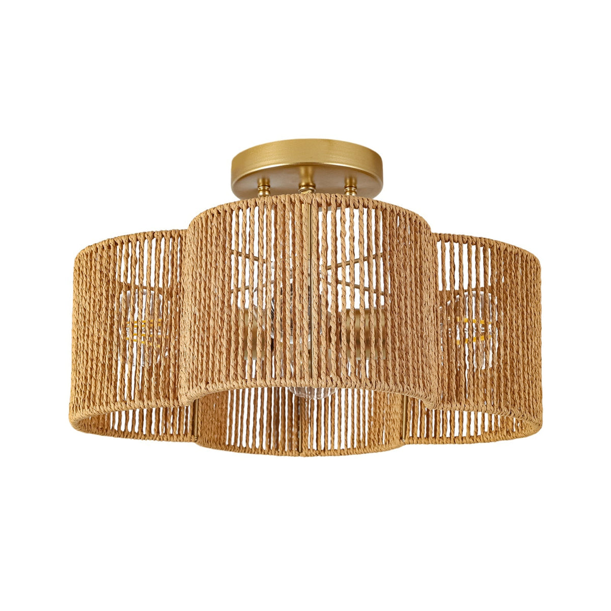Boho Brown Woven Rope Quatrefoil Cage Semi Flush Mount