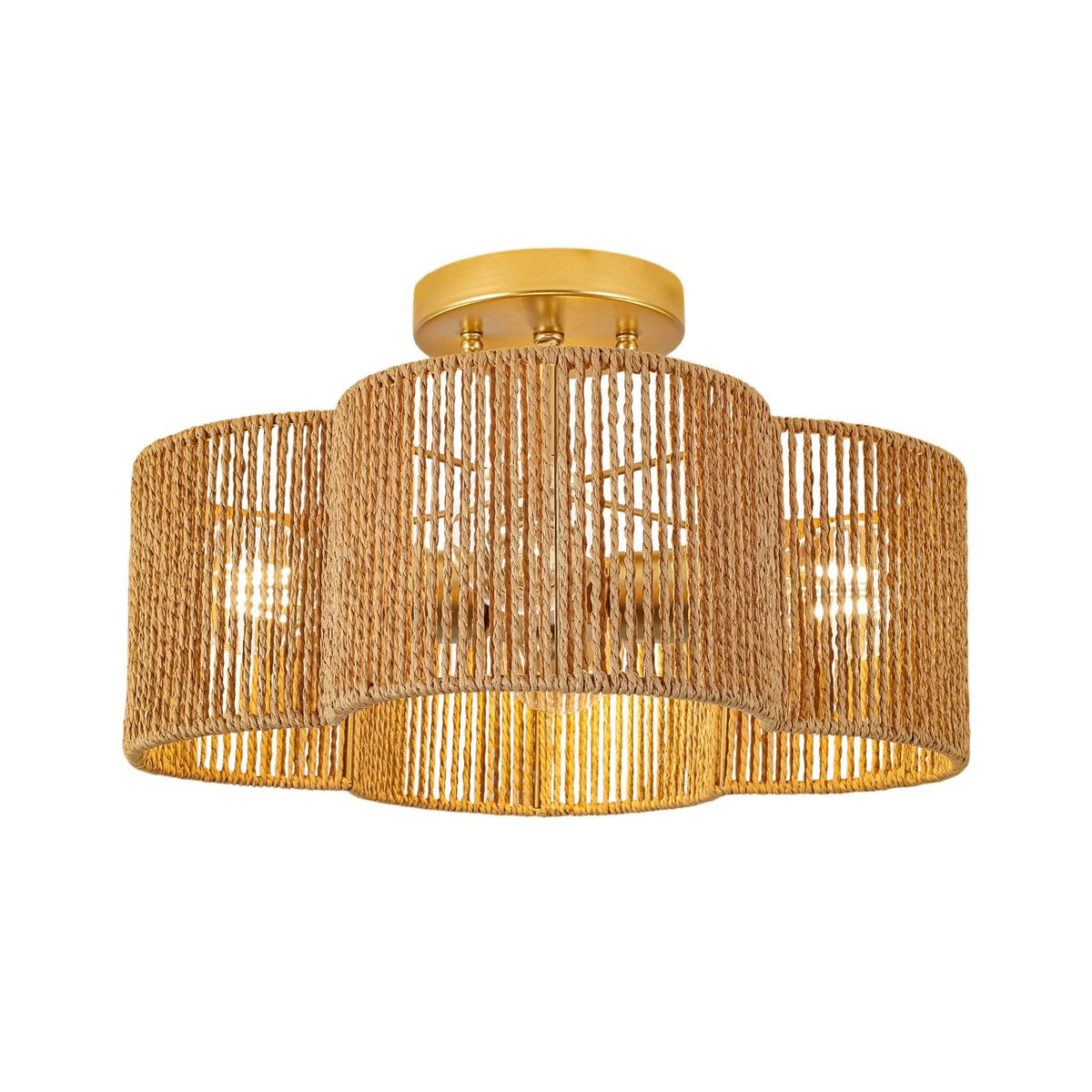 Boho Brown Woven Rope Quatrefoil Cage Semi Flush Mount