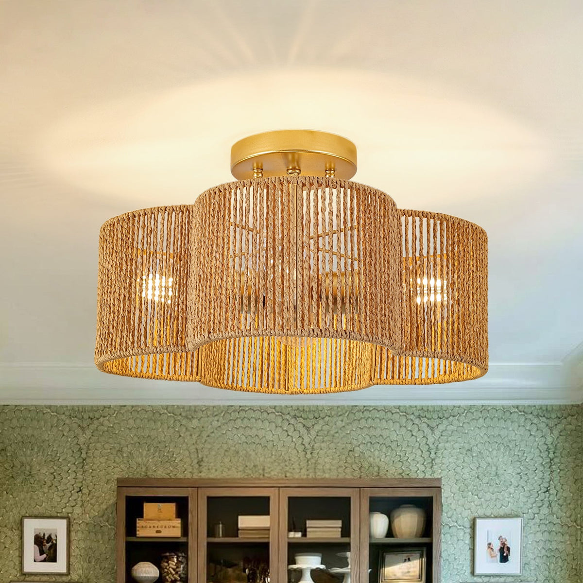 Boho Brown Woven Rope Quatrefoil Cage Semi Flush Mount