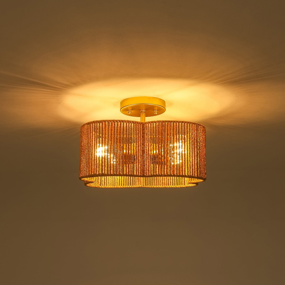 Boho Brown Woven Rope Quatrefoil Cage Semi Flush Mount