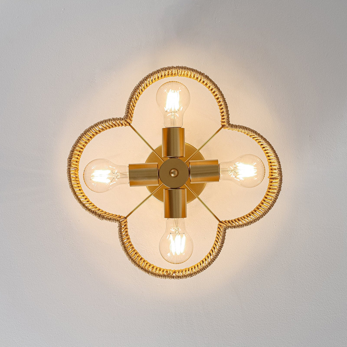 Boho Brown Woven Rope Quatrefoil Cage Semi Flush Mount