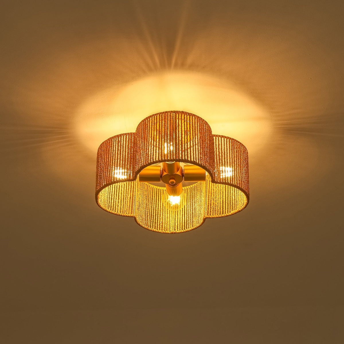 Boho Brown Woven Rope Quatrefoil Cage Semi Flush Mount