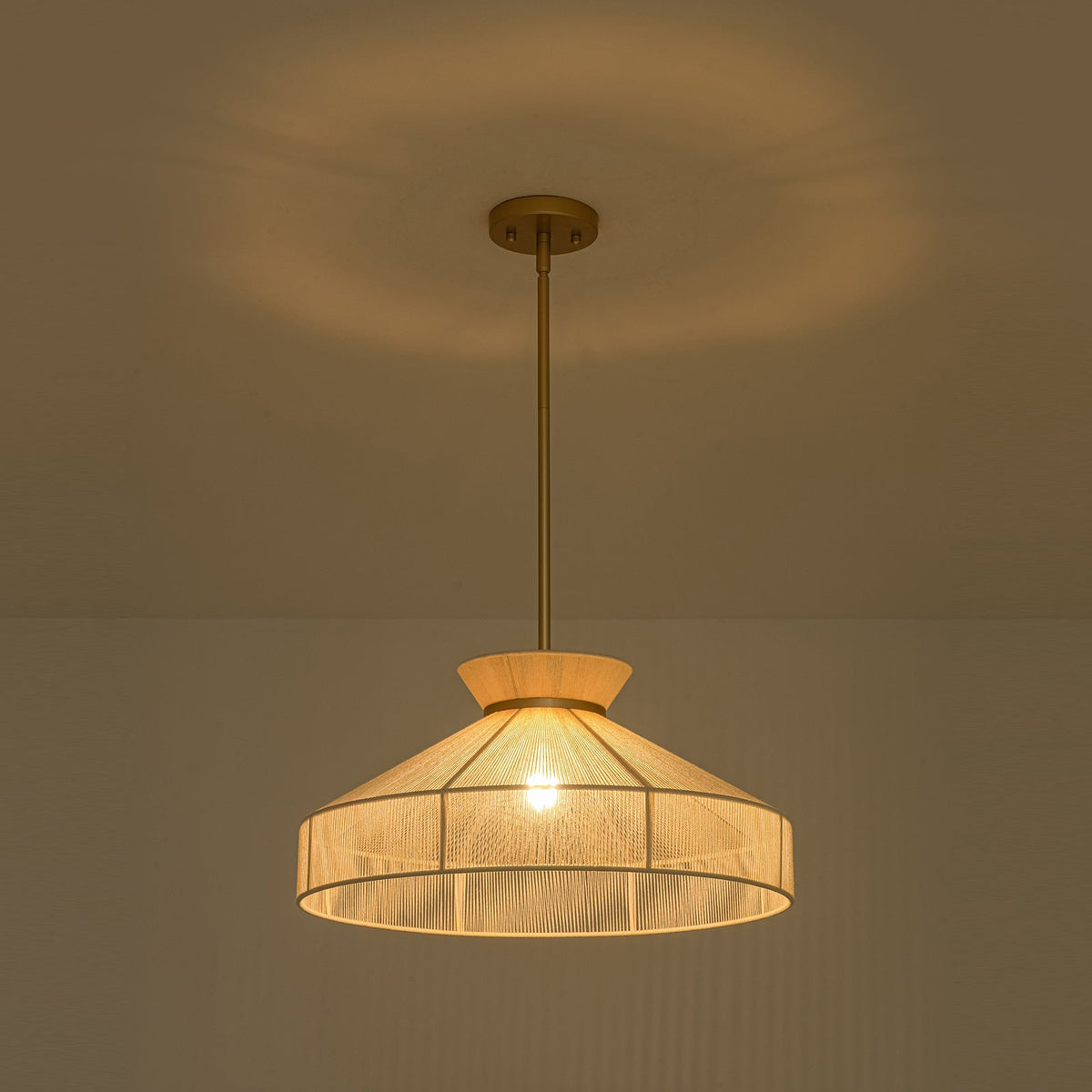 Boho Coastal Woven Beige Thread Conical Cage Chandelier