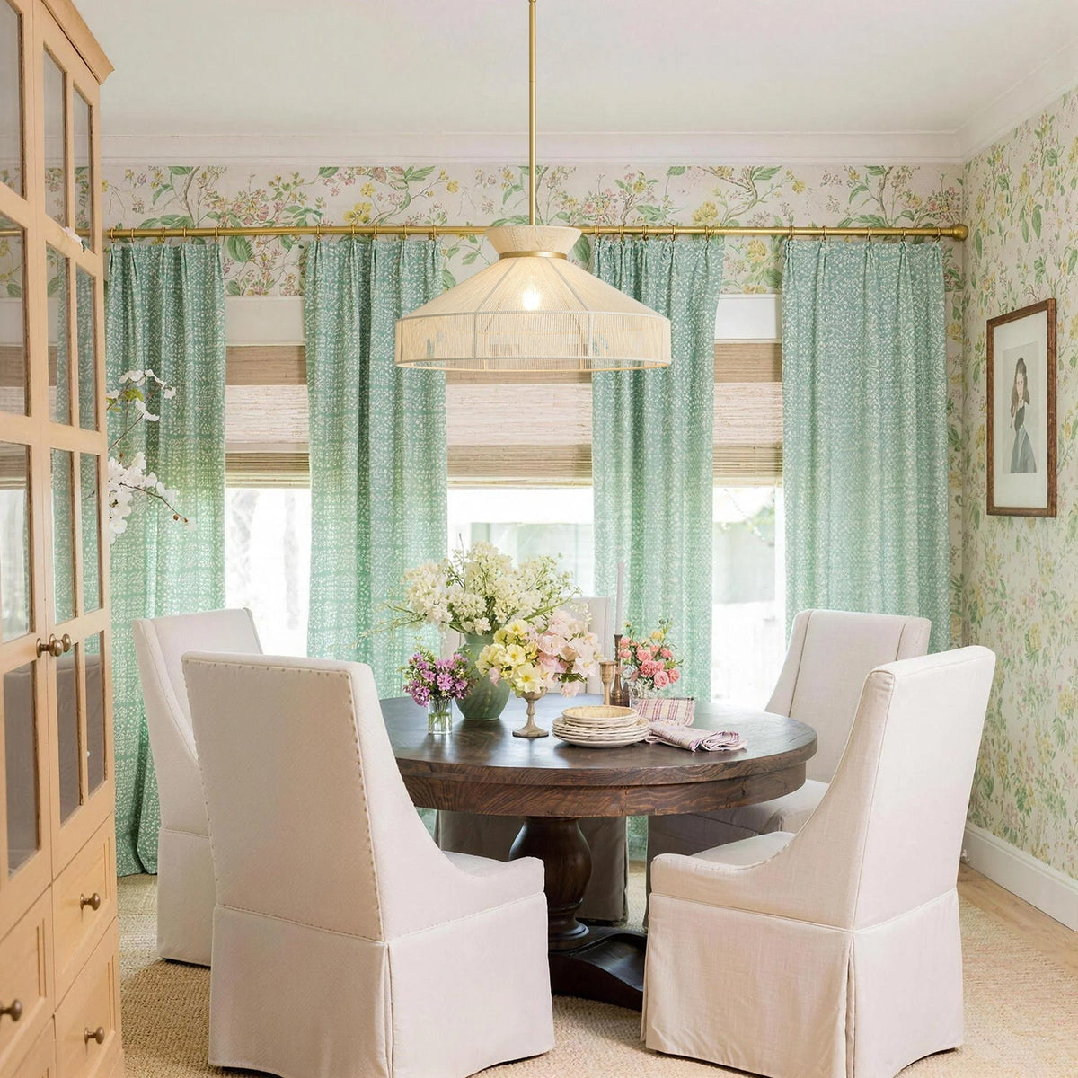 Boho Coastal Woven Beige Thread Conical Cage Chandelier