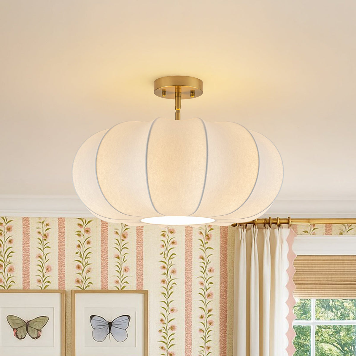 Boho Round White Silk Scalloped Cage Semi Flush Mount