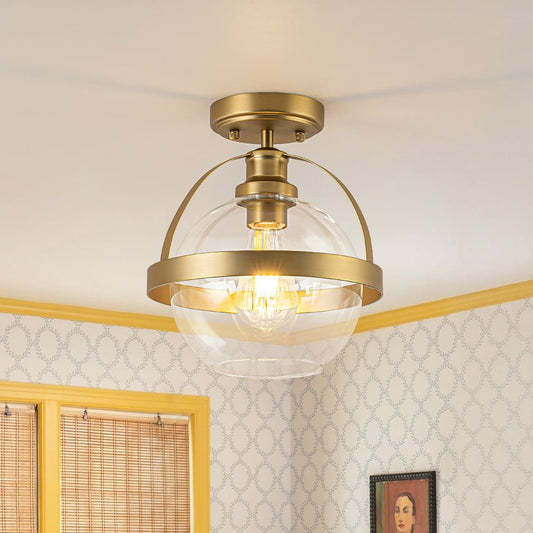 Brass 1-Light Clear Glass Sphere Globe Semi-Flush Mount