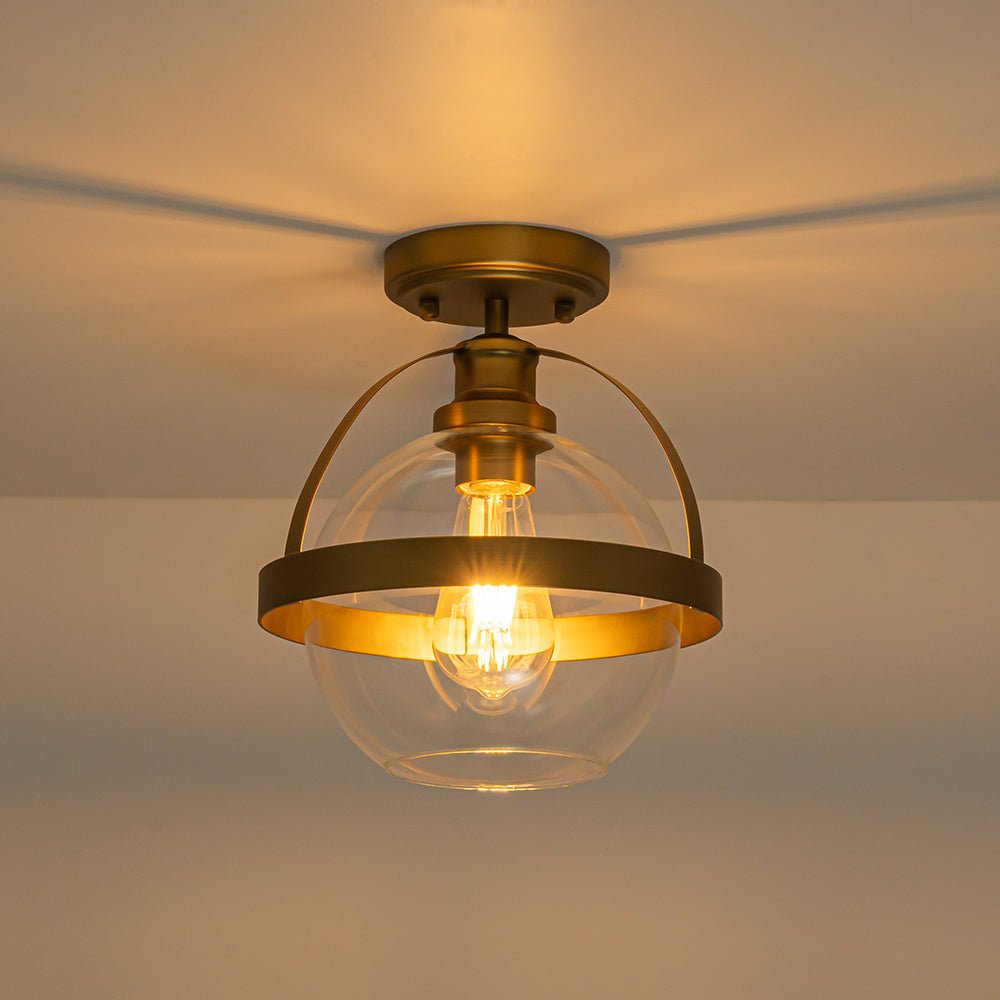 Brass 1-Light Clear Glass Sphere Globe Semi-Flush Mount