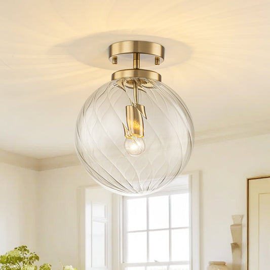 Brass 1-Light Swirling Ribbed Glass Globe Semi Flush Mount
