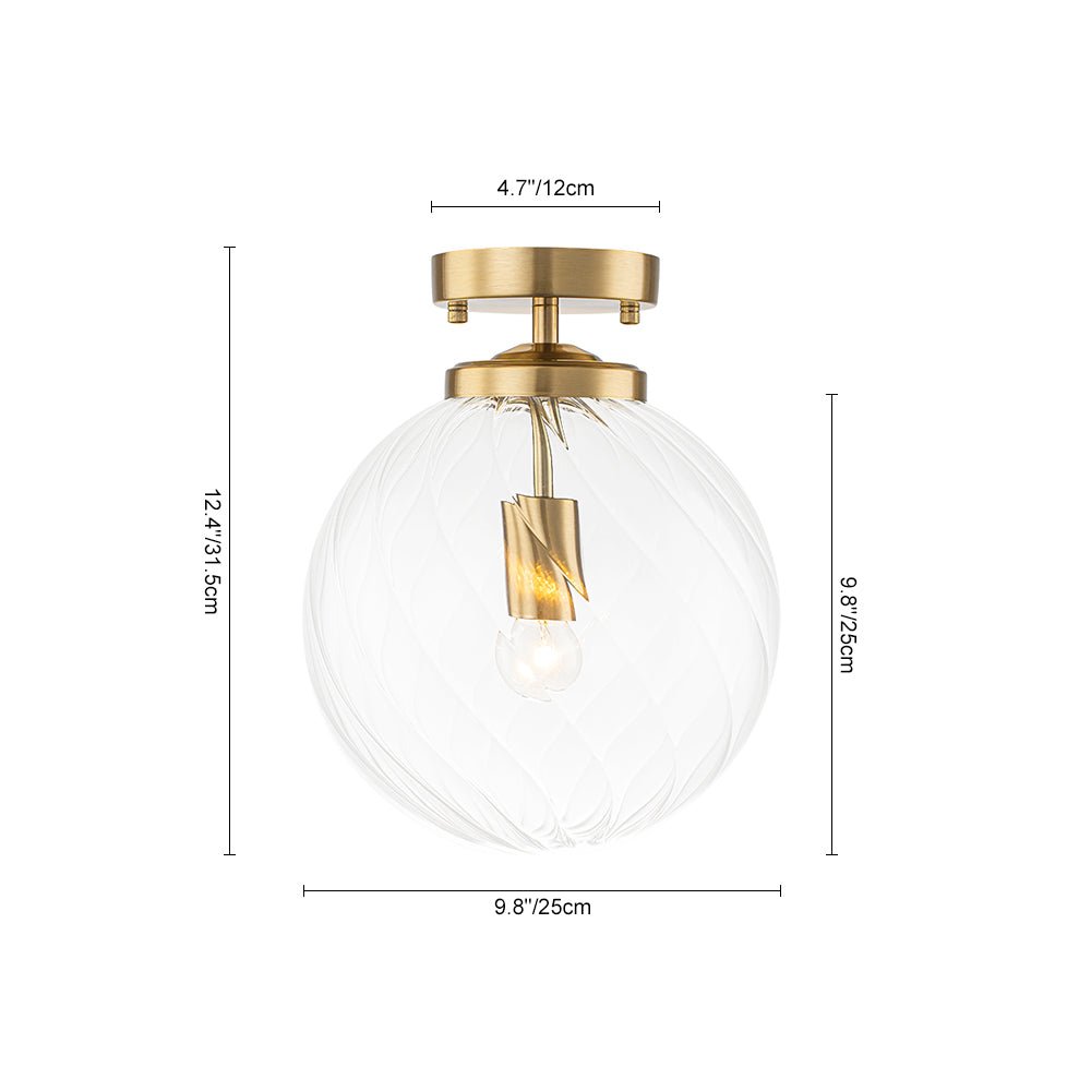 Brass 1-Light Swirling Ribbed Glass Globe Semi Flush Mount