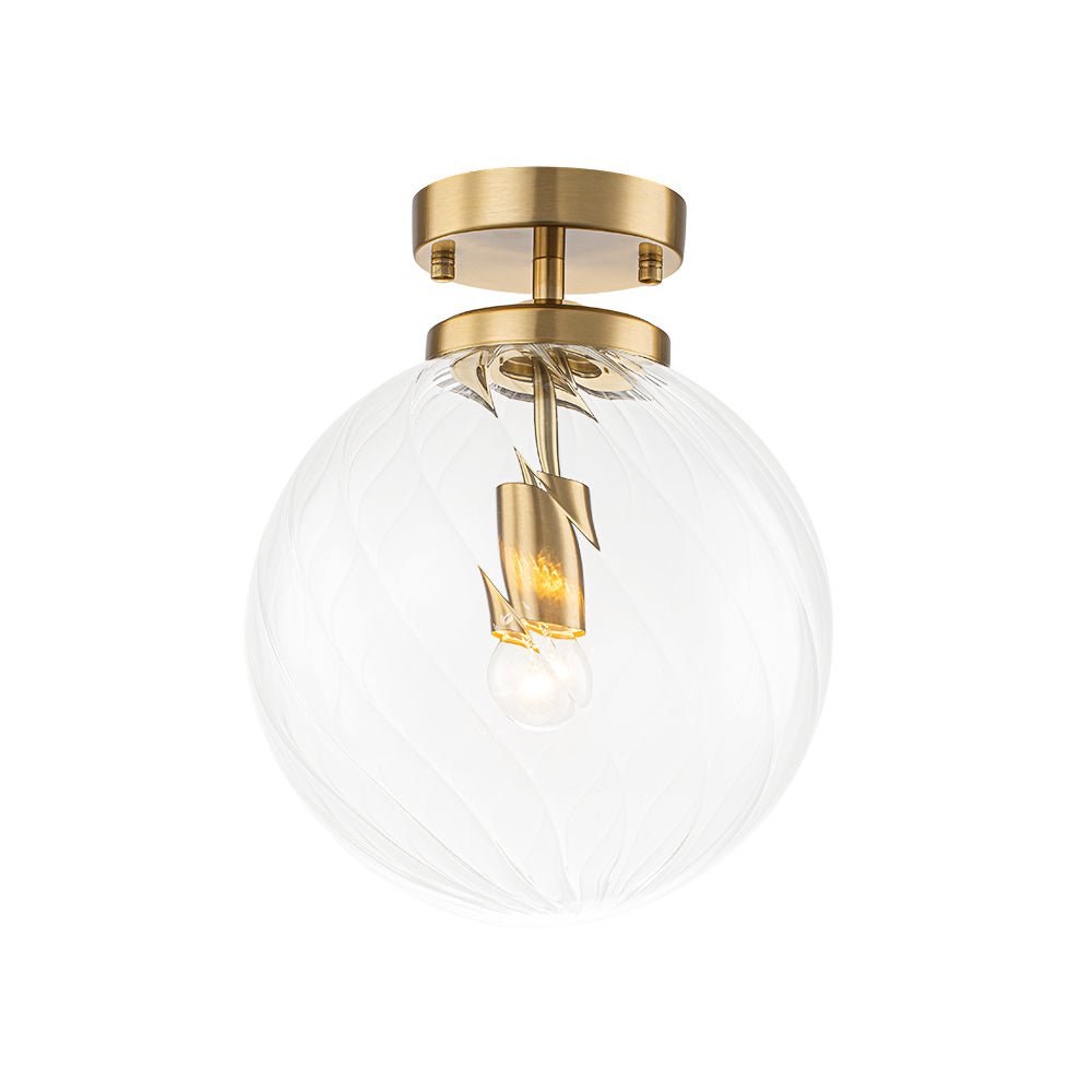Brass 1-Light Swirling Ribbed Glass Globe Semi Flush Mount