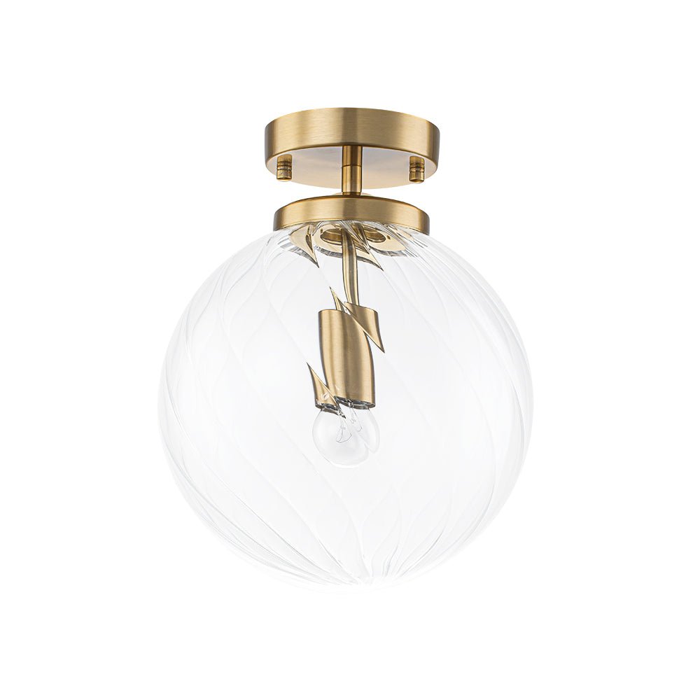 Brass 1-Light Swirling Ribbed Glass Globe Semi Flush Mount