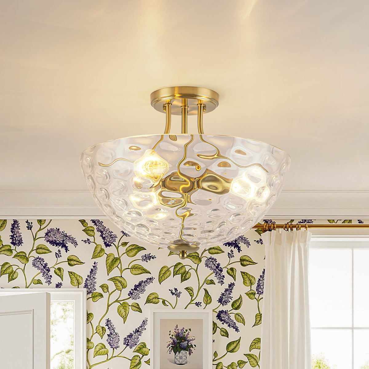Brass 3-Light Hammered Glass Bowl Semi Flush Mount