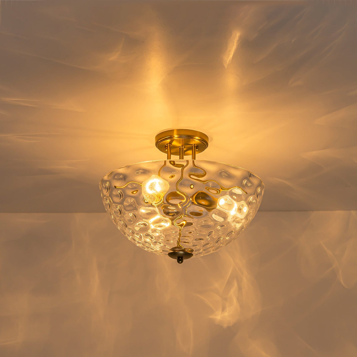 Brass 3-Light Hammered Glass Bowl Semi Flush Mount