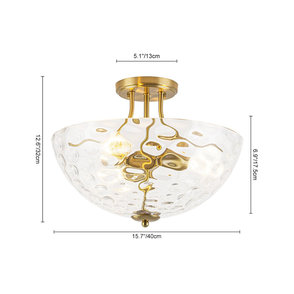 Brass 3-Light Hammered Glass Bowl Semi Flush Mount
