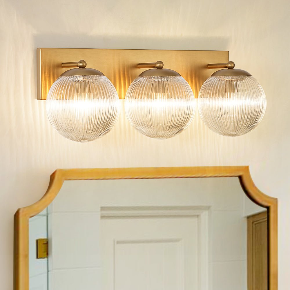 Brass 3-Light Ribbed Glass Globe Bathroom Vanity Wall Lamp