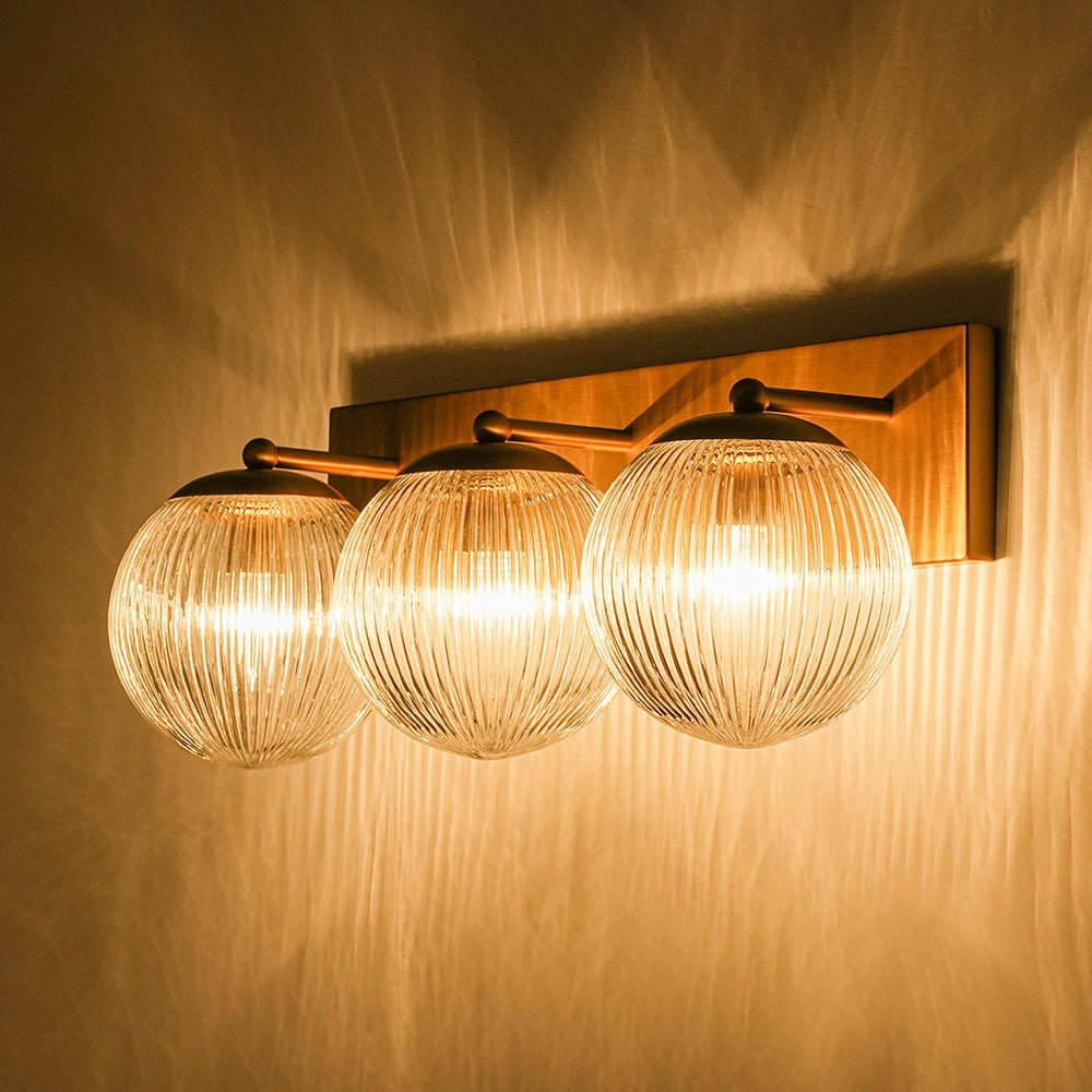 Brass 3-Light Ribbed Glass Globe Bathroom Vanity Wall Lamp