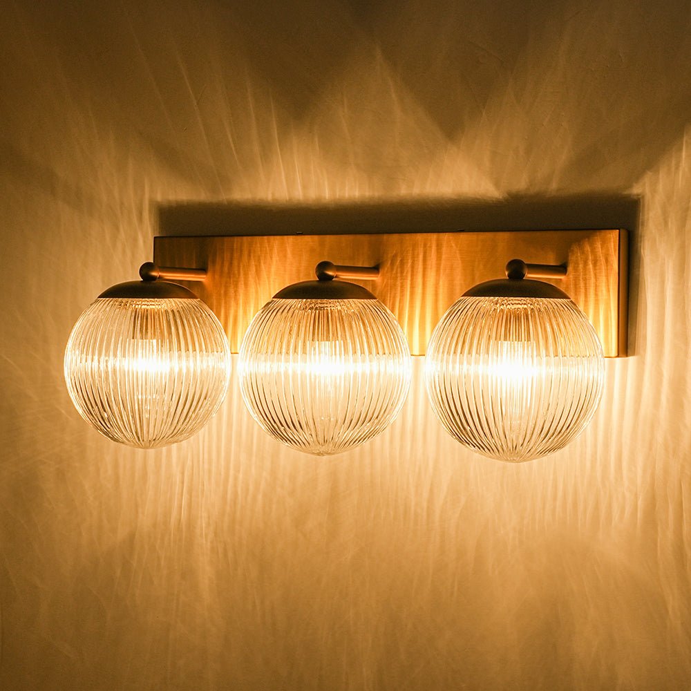Brass 3-Light Ribbed Glass Globe Bathroom Vanity Wall Lamp