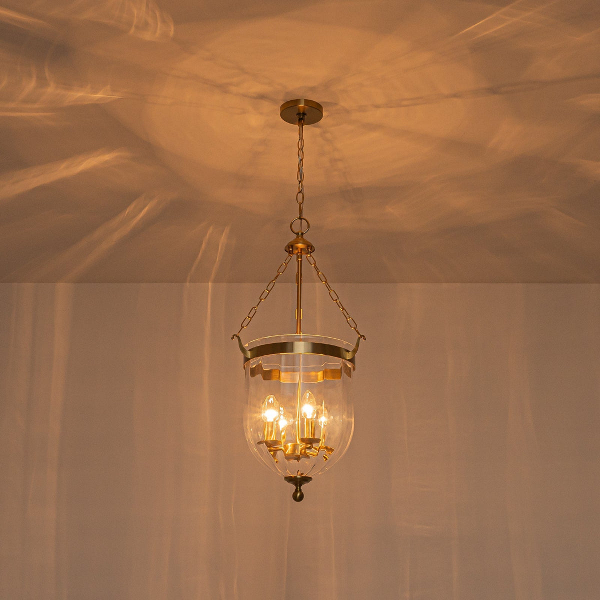 Brass 4-Light Ribbed Glass Bell Jar Lantern Pendant / Semi Flush