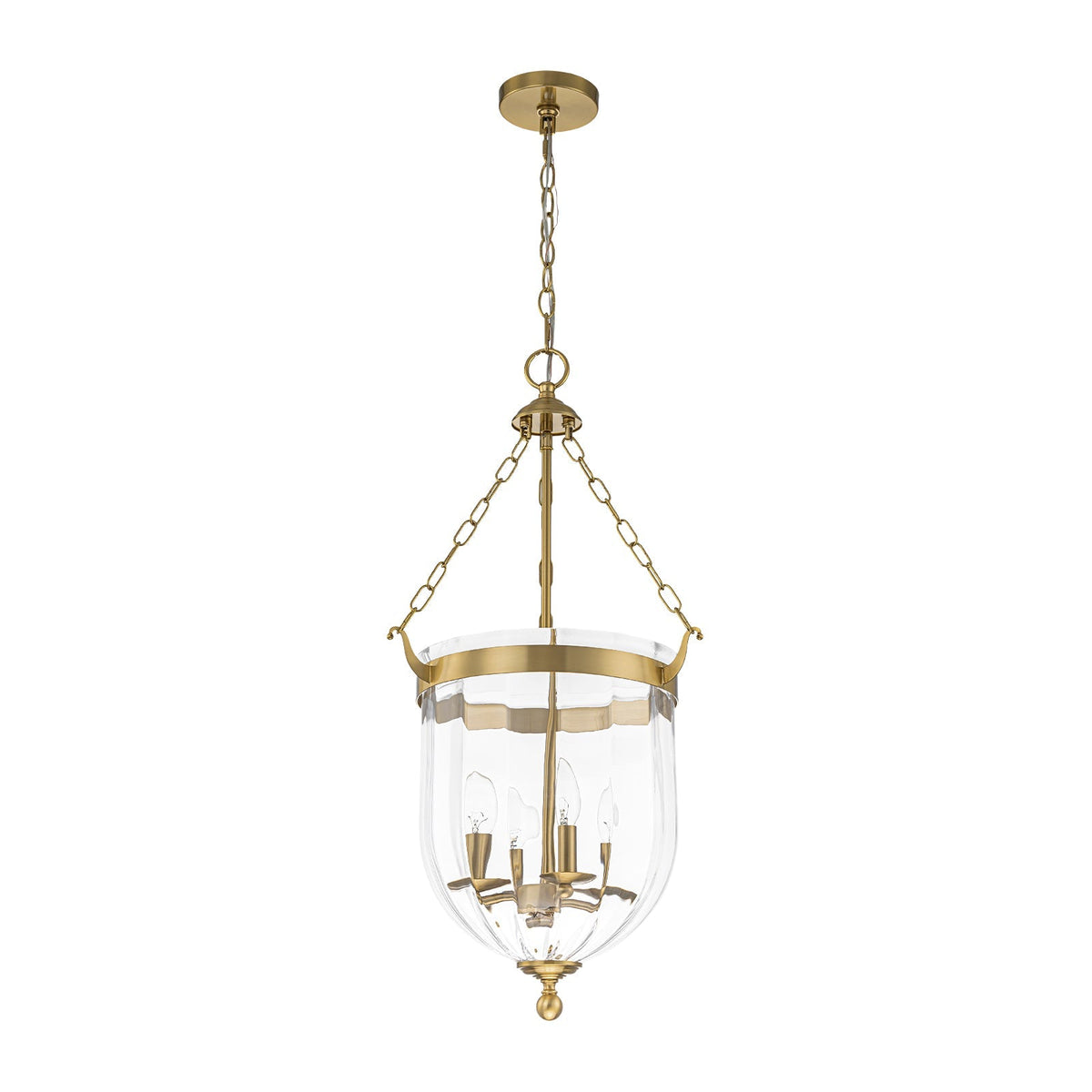 Brass 4-Light Ribbed Glass Bell Jar Lantern Pendant / Semi Flush