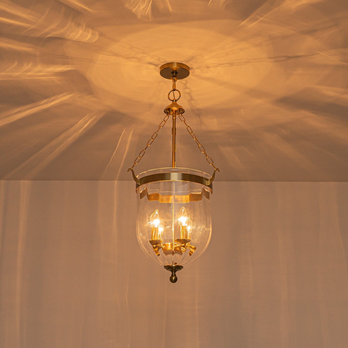 Brass 4-Light Ribbed Glass Bell Jar Lantern Pendant / Semi Flush