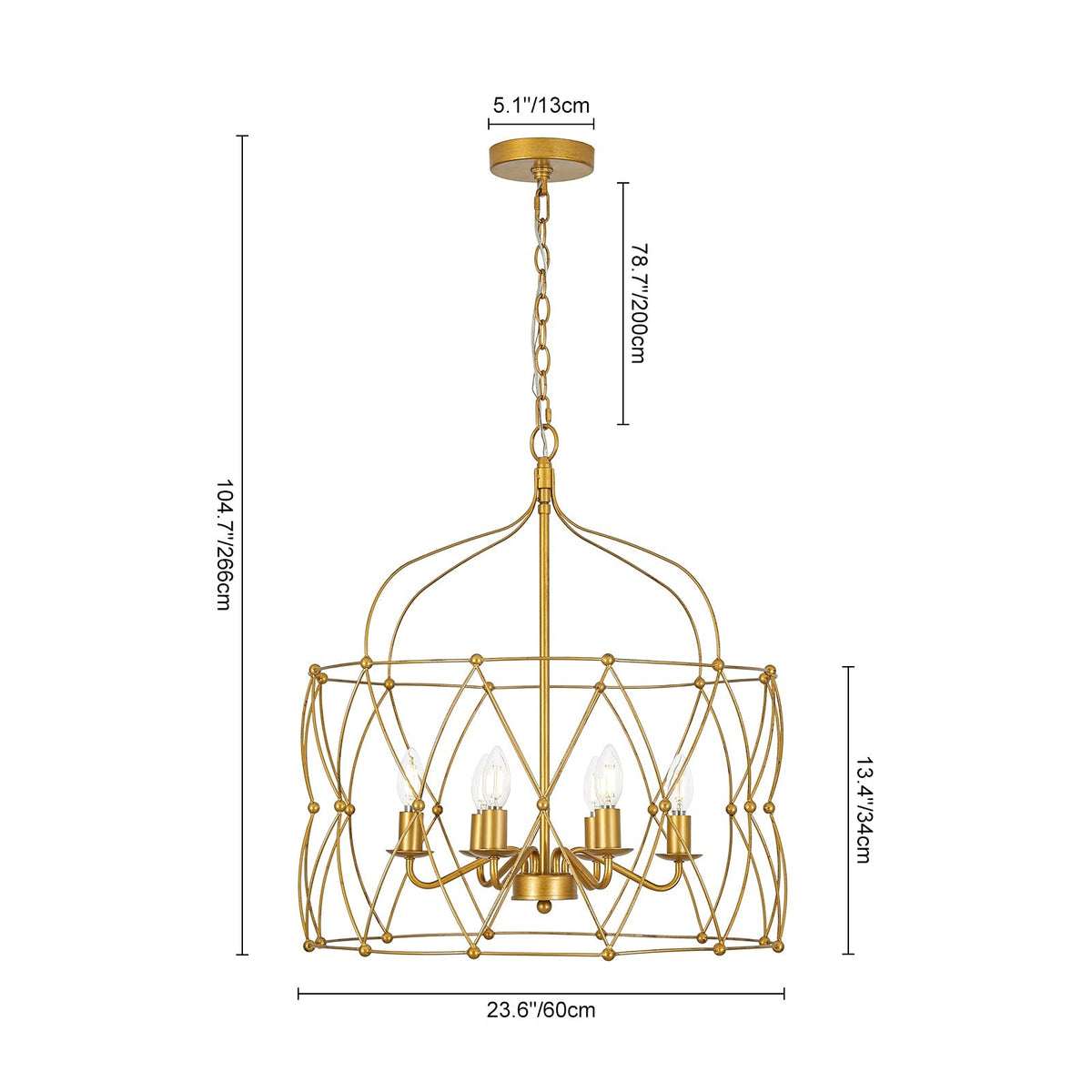 Brass 6-Light Candle Geometric Metal Drum Lantern Chandelier