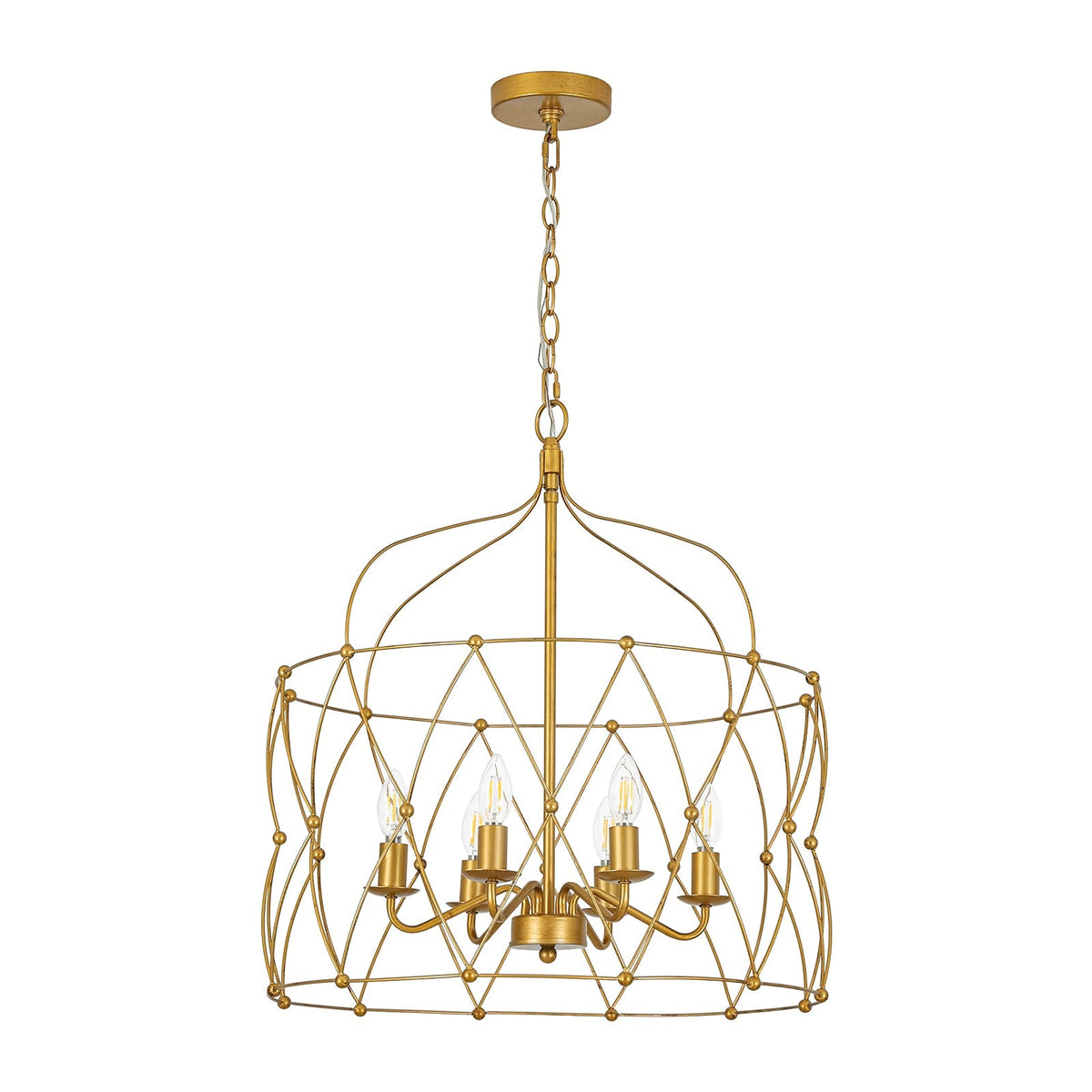 Brass 6-Light Candle Geometric Metal Drum Lantern Chandelier