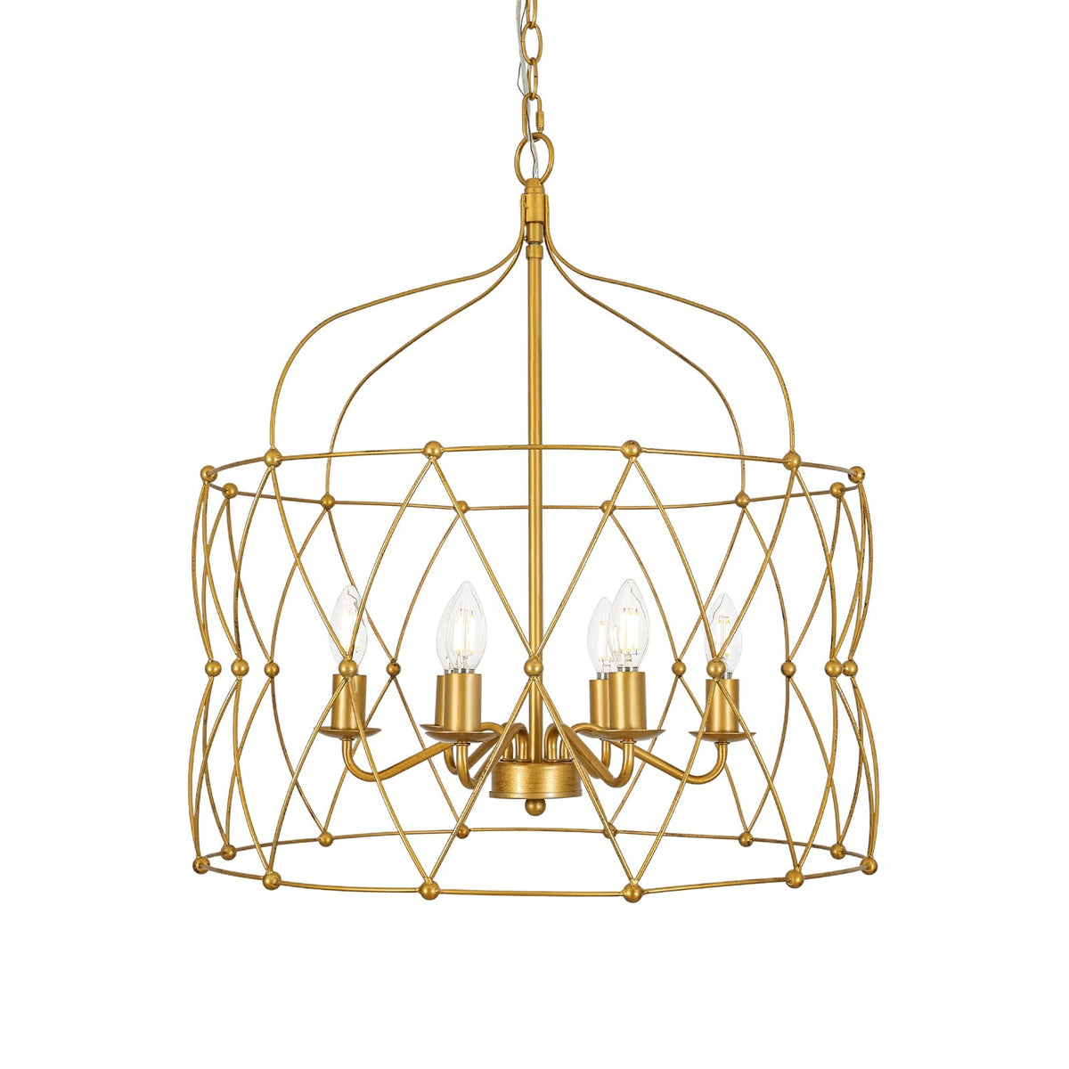 Brass 6-Light Candle Geometric Metal Drum Lantern Chandelier
